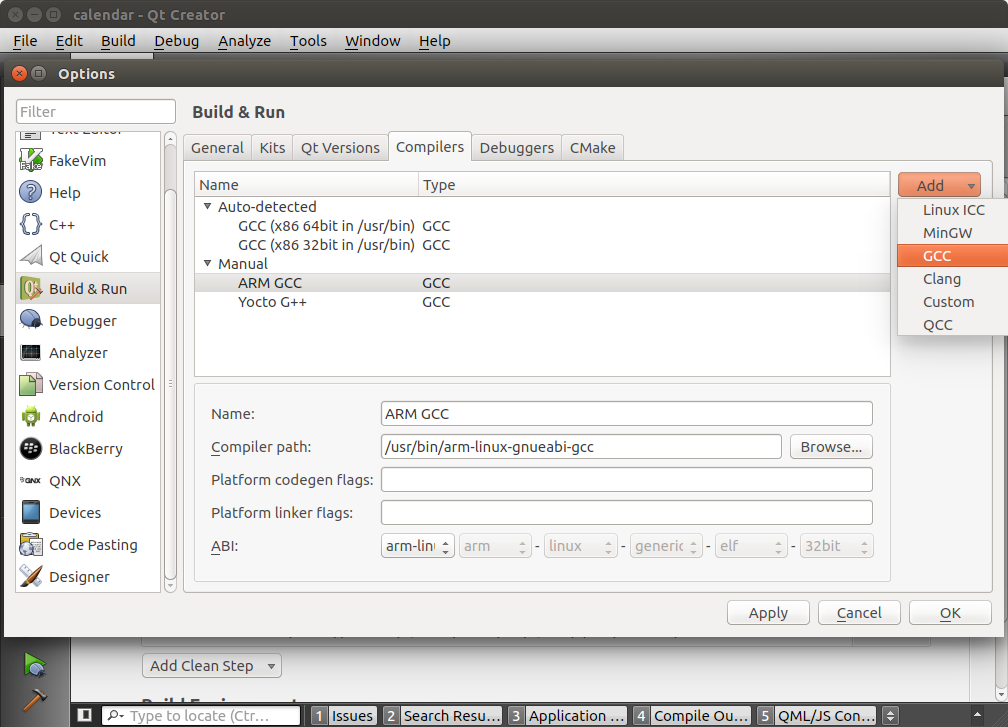 Qt Creator compiler settings for Arietta G25